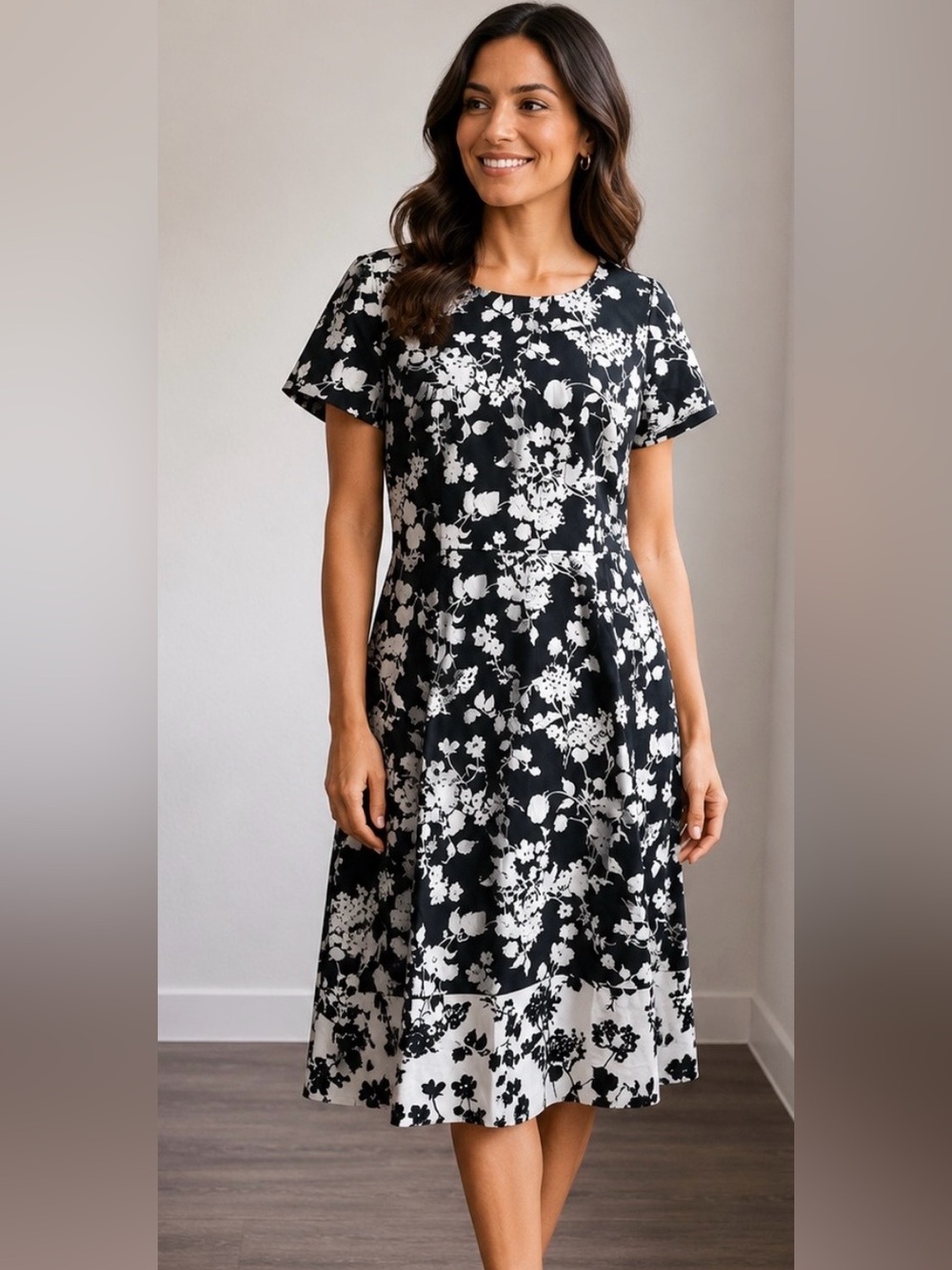 Talbots Black and White Floral Midi Dress